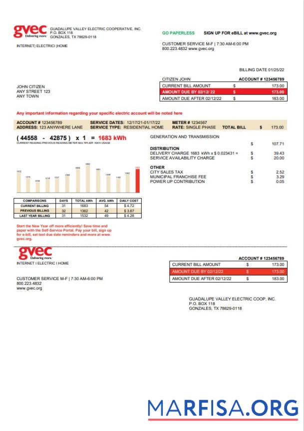 Downloadable USA Texas GVEC utility bill template in Word and PDF format